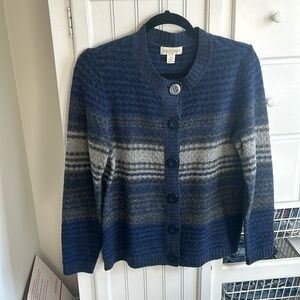 Appleseed’s small blue and gray button up sweater.